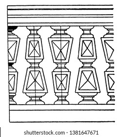 Square Plan Baluster, an Italian Renaissance design,  is found in Venice,  typically used on balconies, Attics and staircases,  vintage line drawing or engraving illustration.