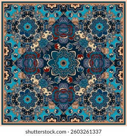 Square plant design in ethnic style for carpet, scarf, tapestry, bedspread, tablecloth, pillow. Flowers, mandalas and leaves in blue, red, beige and ivory tones. Indian motifs.