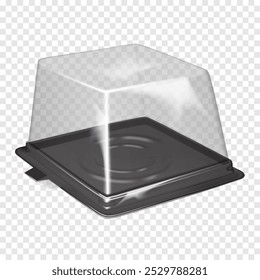 Square plastic cake carrier box with clear dome lid. Realistic 3d vector mock-up. Empty food container with transparent lid for pie, cupcake, other dessert. Mockup. Bakery box. Template for design