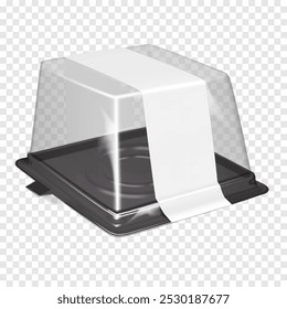 Square plastic cake carrier box with clear dome lid and white blank label sticker. Realistic 3d vector mock-up. Empty container with transparent lid for pie, cupcake, etc. Mockup. Bakery box. Template