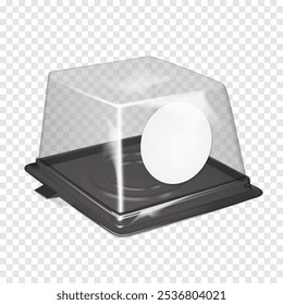 Caja de plástico cuadrada del portador de la torta con la tapa clara de la bóveda y la etiqueta engomada redonda en blanco de la etiqueta engomada. Maqueta realista de Vector en 3D. Contenedor de panadería de dos piezas transparente vacío. Maqueta. Plantilla para el diseño