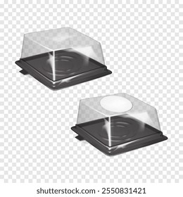 Square plastic cake carrier box with clear dome lid and white blank round label sticker. Realistic 3d vector mockup. Empty transparent two piece bakery container. Mock-up. Template for design