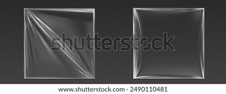 Square plastic film pieces set isolated on transparent background. Vector realistic illustration of 3d polyethylene package mockups with wrinkled smooth surface, cd album cover with shrink effect