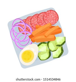 Square plate with chopped sausage and vegetables. Vector illustration.