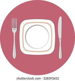 Square plate, knife and fork vector illustration. White flatware on pink background.