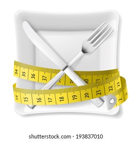 Square plate with measuring tape and crossed fork and knife. Diet concept