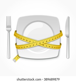 Square plate with measuring tape, fork and knife. Conceptual illustration