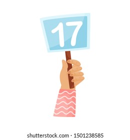 Square plate with the number 17 in hand. Vector illustration on a white background.
