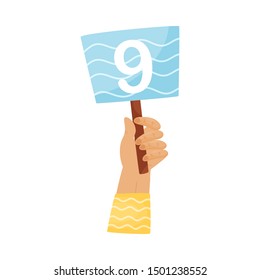 Square plate with the number 9 in hand. Vector illustration on a white background.