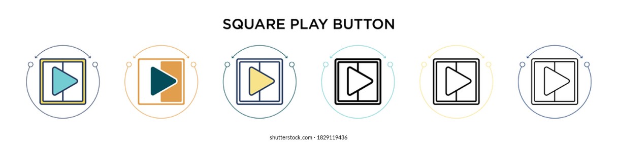 Square play button icon in filled, thin line, outline and stroke style. Vector illustration of two colored and black square play button vector icons designs can be used for mobile, ui, web