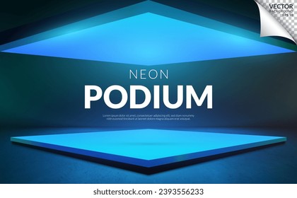 Square podium with blue neon light on studio background, backdrop for display product on sale. Vector illustration