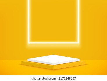 Square podium decorated with neon lighting square shape on yellow background. Stage empty for product display, advertising, show, contest, award, winner. Vector illustration.