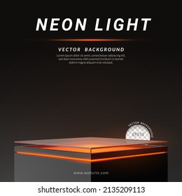 Square podium frosted glass floor with orange neon light on a black background. Concept of design for product display. Layout square, Vector illustration