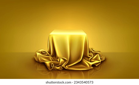 Fondo de la cubierta de la cubierta de la seda y el podio cuadrado. Tela dorada sobre la caja de regalo de misterio oculto. Lujo develar velador amarillo sorpresa con textil de drenaje en concepto de escena de vector estudio