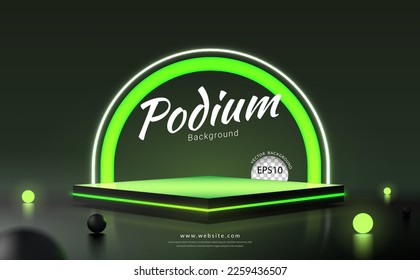 Square podium with green neon light and glow ball on a black background. Concept of design for product display. Vector illustration