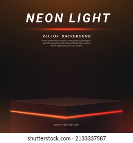 Podio cuadrado con luz de neón naranja sobre fondo negro. Concepto de diseño para la presentación de productos. Ilustración del vector