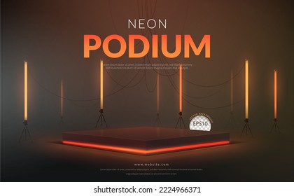 Square podium with orange neon light on black background for product display, Vector illustration