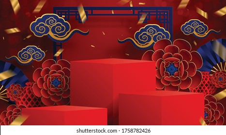 Square podium and paper art Chinese new year 2021 year of the ox , red paper cut ,flower and asian elements with craft style on background.