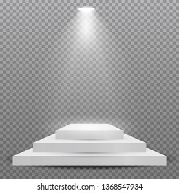 Square podium, pedestal or platform illuminated by spotlights on transparent background. Stage with scenic lights. Vector illustration.