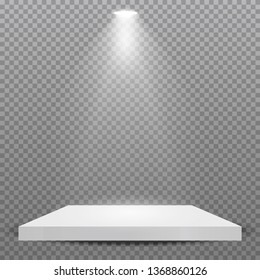 Square podium, pedestal or platform illuminated by spotlights on transparent background. Stage with scenic lights. Vector illustration.