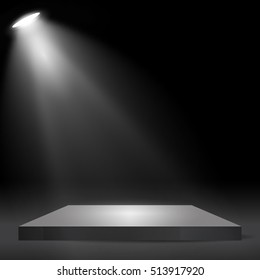 Square podium, pedestal or platform  illuminated by spotlights on black background. Stage with scenic lights. Vector illustration.