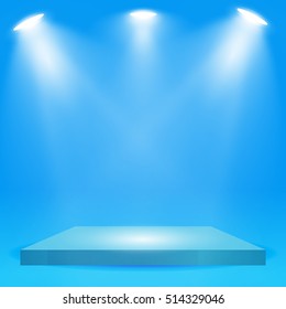 Square podium, pedestal or platform illuminated by spotlights on blue background. Stage with scenic lights. Vector illustration.