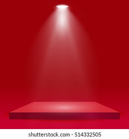 Square podium, pedestal or platform illuminated by spotlights on red background. Stage with scenic lights. Vector illustration.