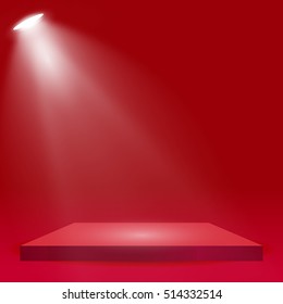 Square podium, pedestal or platform illuminated by spotlights on red background. Stage with scenic lights. Vector illustration.