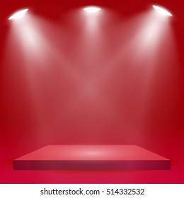 Square podium, pedestal or platform illuminated by spotlights on red background. Stage with scenic lights. Vector illustration.