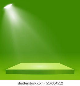 Square podium, pedestal or platform illuminated by spotlights on green background. Stage with scenic lights. Vector illustration.