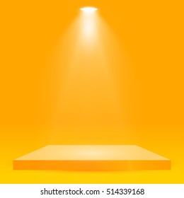 Square podium, pedestal or platform illuminated by spotlights on yellow background. Stage with scenic lights. Vector illustration.