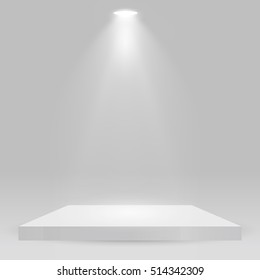 Square podium, pedestal or platform illuminated by spotlights on white background. Stage with scenic lights. Vector illustration.