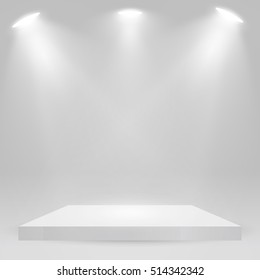 Square podium, pedestal or platform illuminated by spotlights on white background. Stage with scenic lights. Vector illustration.