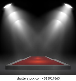 Square podium, pedestal or platform with red carpet,  illuminated by spotlights on black background. Stage with scenic lights. Vector illustration.
