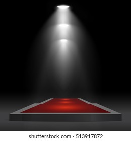 Square podium, pedestal or platform with red carpet,  illuminated by spotlights on black background. Stage with scenic lights. Vector illustration.