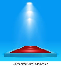 Square podium, pedestal or platform with red carpet, illuminated by spotlights on blue background. Stage with scenic lights. Vector illustration.