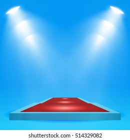 Square podium, pedestal or platform with red carpet, illuminated by spotlights on blue background. Stage with scenic lights. Vector illustration.