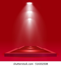 Square podium, pedestal or platform with red carpet, illuminated by spotlights on red background. Stage with scenic lights. Vector illustration.