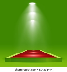 Square podium, pedestal or platform with red carpet, illuminated by spotlights on green background. Stage with scenic lights. Vector illustration.