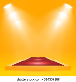 Square podium, pedestal or platform with red carpet, illuminated by spotlights on yellow background. Stage with scenic lights. Vector illustration.