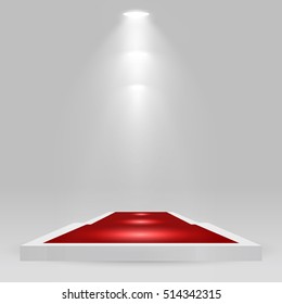 Square podium, pedestal or platform with red carpet, illuminated by spotlights on white background. Stage with scenic lights. Vector illustration.