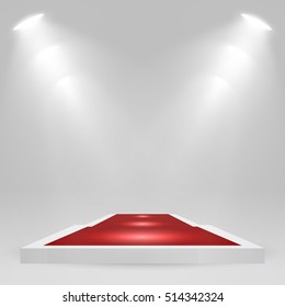 Square podium, pedestal or platform with red carpet, illuminated by spotlights on white background. Stage with scenic lights. Vector illustration.