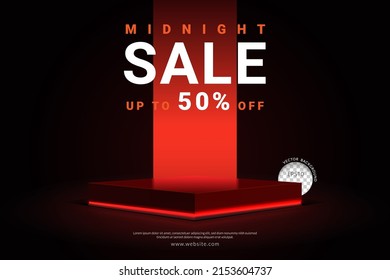 Square podium with red neon background. Concept of design sale banner for product display. Layout horizontal, Vector illustration