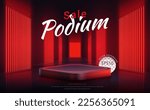 Square podium with red neon light on the way background, backdrop for display product on sale. Vector illustration