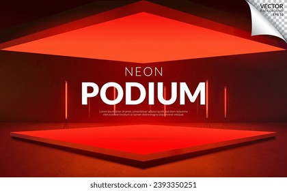 Square podium red neon light with red fluorescent tube on studio background, backdrop for display product on sale. Vector illustration