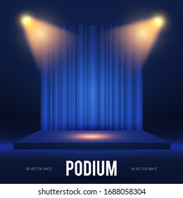 Square Podium. Scene, pedestal and 3D platform with spotlights and stage curtain. Advertising, award and win design. Show and sale background. Realistic presentation mockup. Blue and gold.