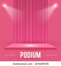 Square Podium. Scene, pedestal and 3D platform with spotlights and stage curtain. Advertising, award and win design. Show and sale background. Realistic presentation mockup. Pink and gold.