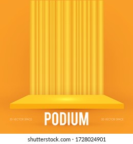 Square Podium. Scene, pedestal and 3D platform with spotlights and stage curtain. Advertising, award and win design. Show and sale background. Realistic presentation mockup. Yellow and gold.