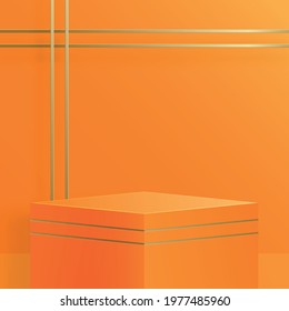Square podium stage with nice and creative symbols and gold paper cut style on orange color background for cosmetics brand design and advertising