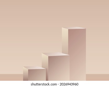 Square podium. Three pedestals. A stage for placing awards, items, cosmetics or other. Background in pastel colors. Mock up for your design. 3D visualization